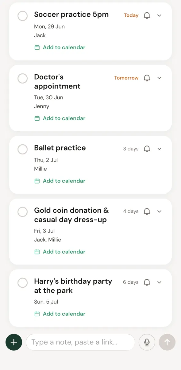 The Beka feed on iPhone, showing this week's school events and actions per child