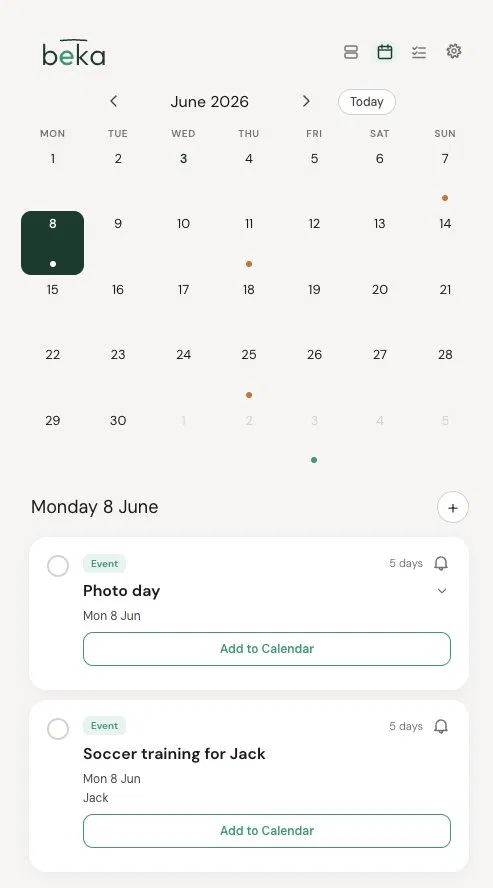 The Beka calendar view on iPhone, showing a month of school events and family commitments